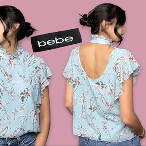 Bebe Choker Neck Ruffle Blouse Open-Back Light Blue Size M